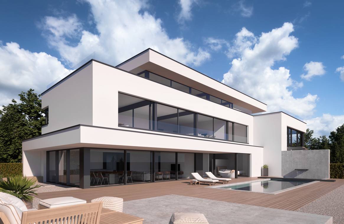 Tageslicht 3d visualisierung einer luxuriösen Poolvilla in Wien mit weitläufiger Holzterrasse, Liegestühlen und minimalistischem Architekturdesign.