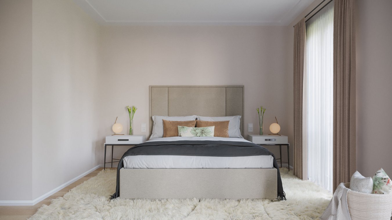 Interior architectural visualization of a bright bedroom in Hamburg, featuring neutral tones, a cozy bed, and large windows.