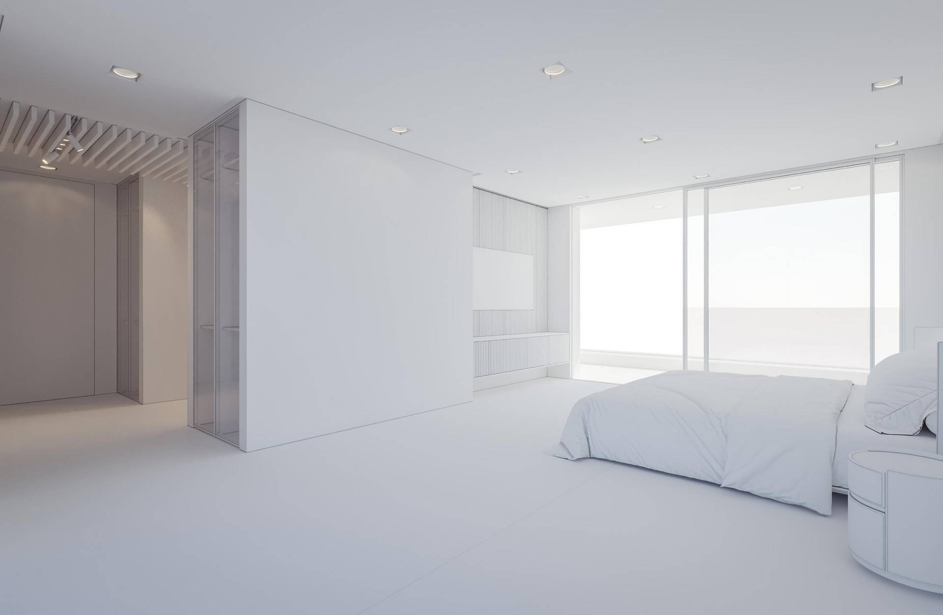 Clay Render eines Schlafzimmer-Innenraums zur Prüfung von Perspektive, Geometrie und Bildkomposition im frühen Stadium der Architekturvisualisierung