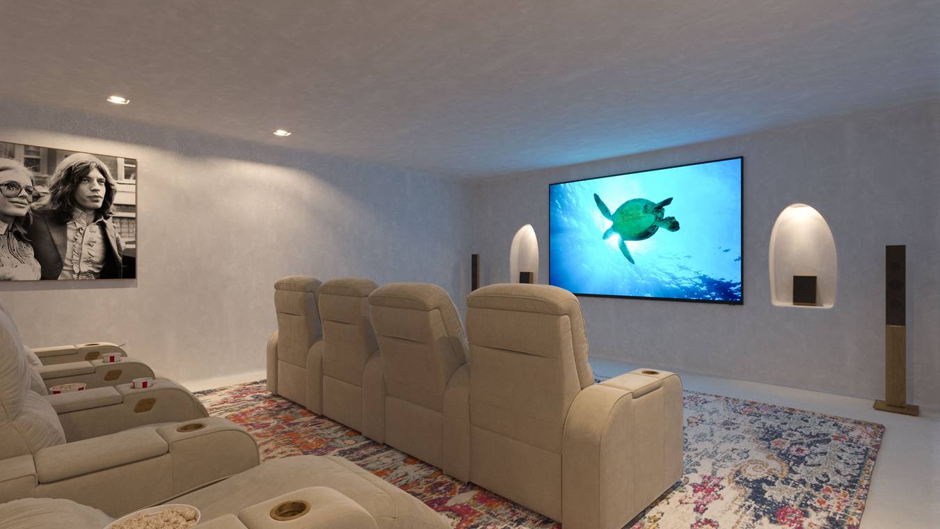 Privates Heimkino in einer Luxusvilla auf Ibiza – fotorealistische Interior Visualisierung