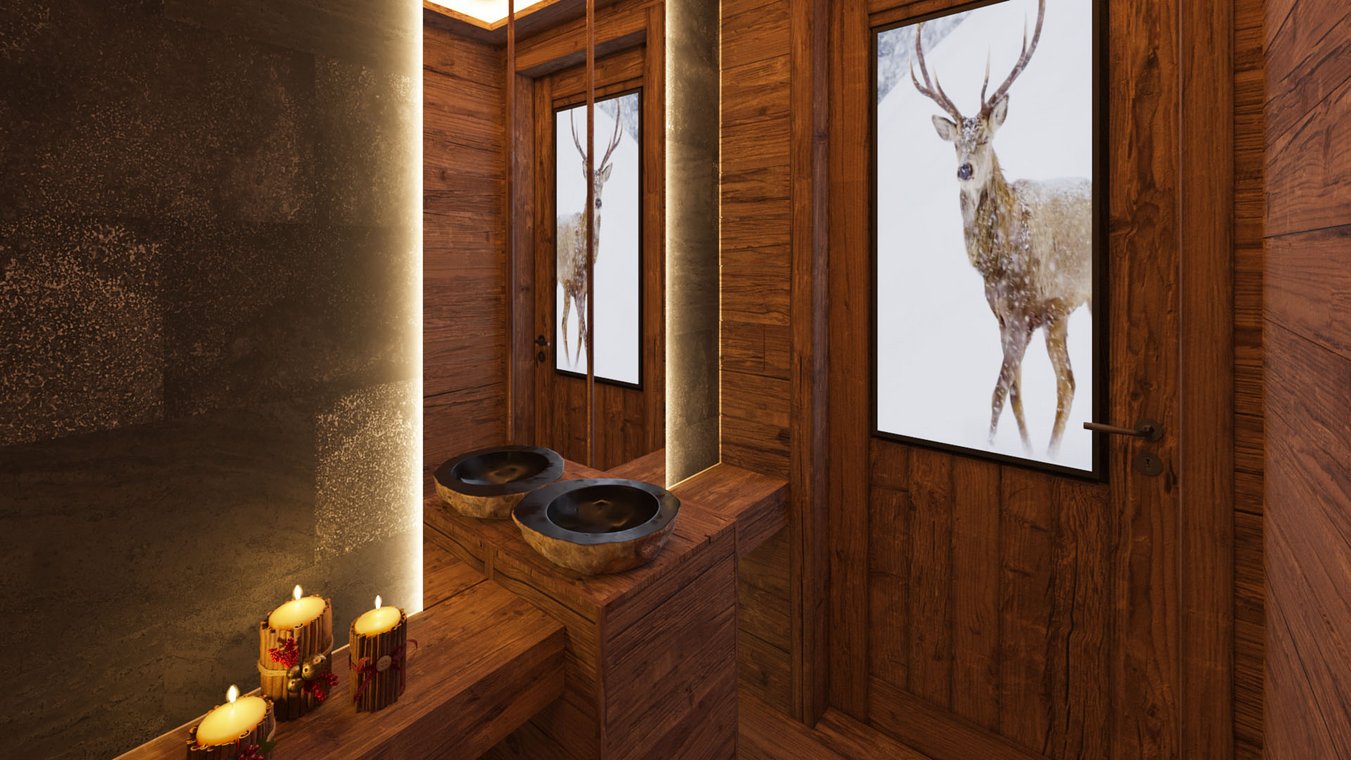 3D Visualization of a stylish chalet bathroom in Kitzbühel, featuring wooden walls, modern stone sinks, and a winter deer artwork – created by gmsvision.