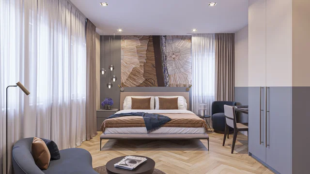 Architectural visualization of a modern hotel room in Hamburg featuring a stylish wall artwork, large double bed, wooden flooring, and soft curtains creating a cozy atmosphere.