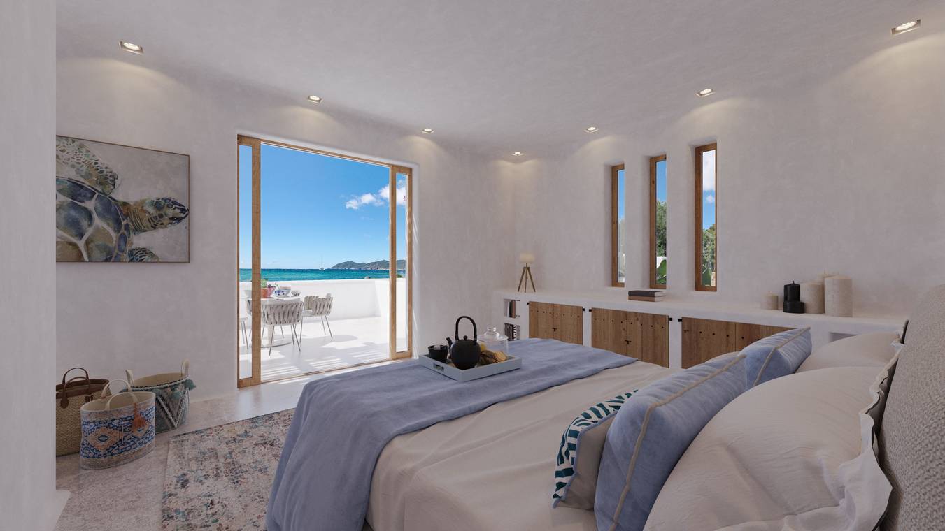 Schlafzimmer einer modernen Villa mit Blick auf das Meer in Santa Eulària Ibiza – 3D Visualisierung