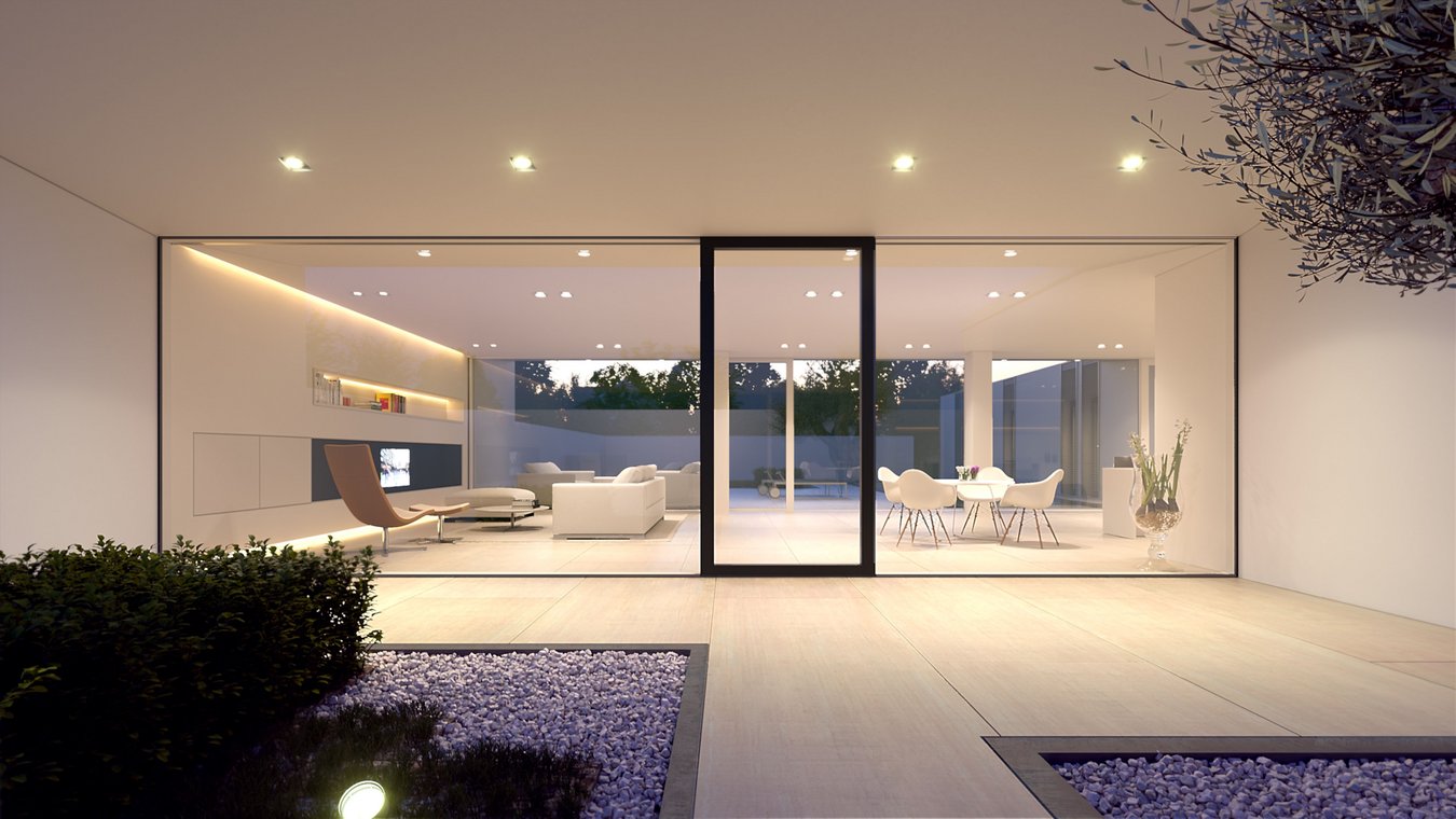 3D Visualization of a villa in Jesolo Lido, Italy, showcasing a glass facade, open living space, and stylish interior lighting.
