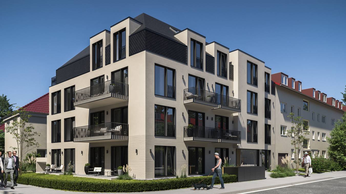 3D architekturvisualisierung von gmsvision einer belebten Straßenszene vor einem modernen Mehrfamilienhaus mit Menschen und Hund.