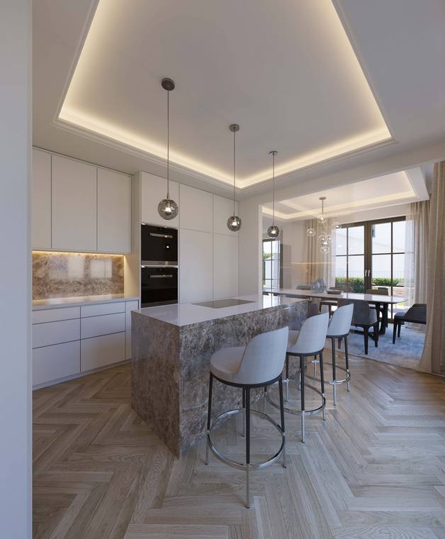 photorealistic interior visualization of modern kitchen in Berlin city villa