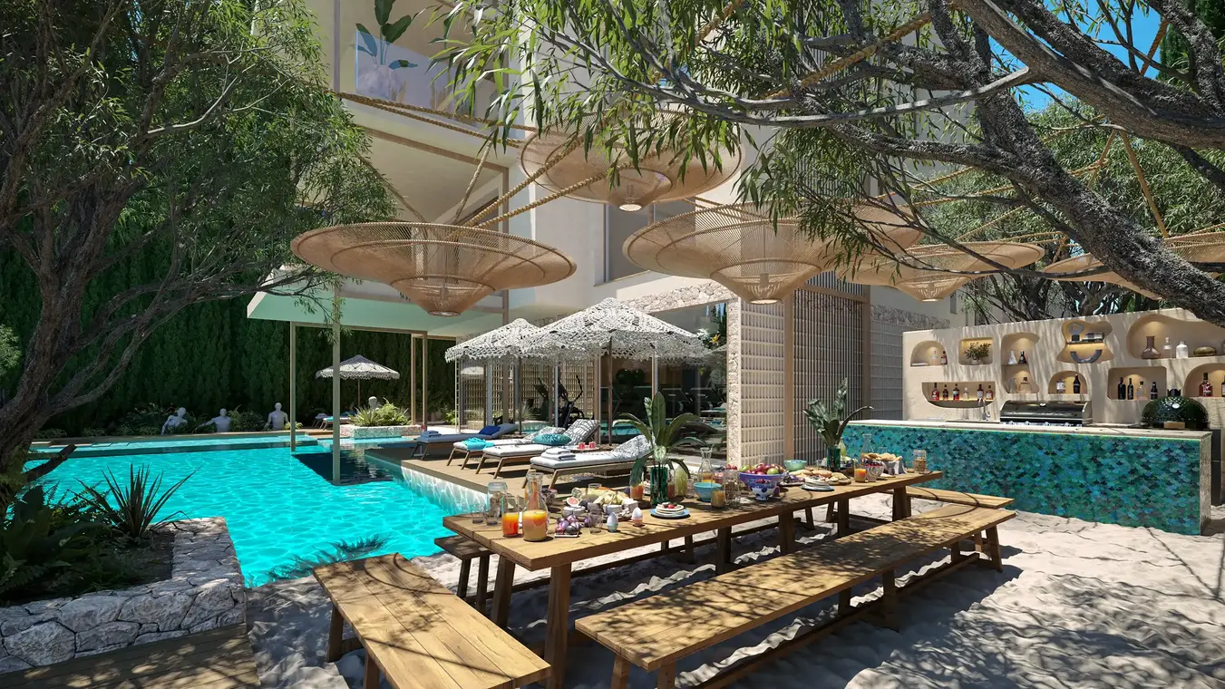 Architekturvisualisierung Beachclub Außenbereich mit Pool und Bar – ATLANTIS Ibiza