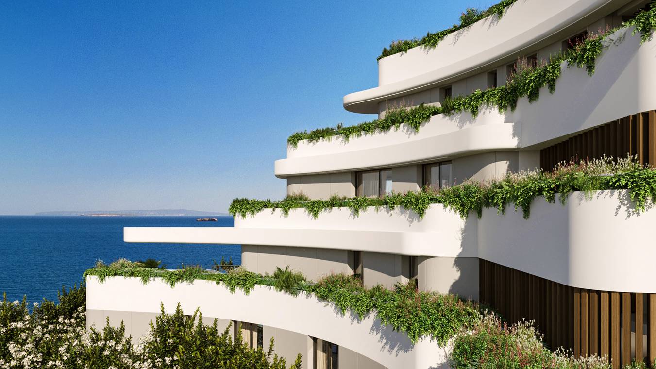 Photorealistic 3D Visualization of a beachfront residence in Ibiza featuring green terraces and panoramic sea views.
