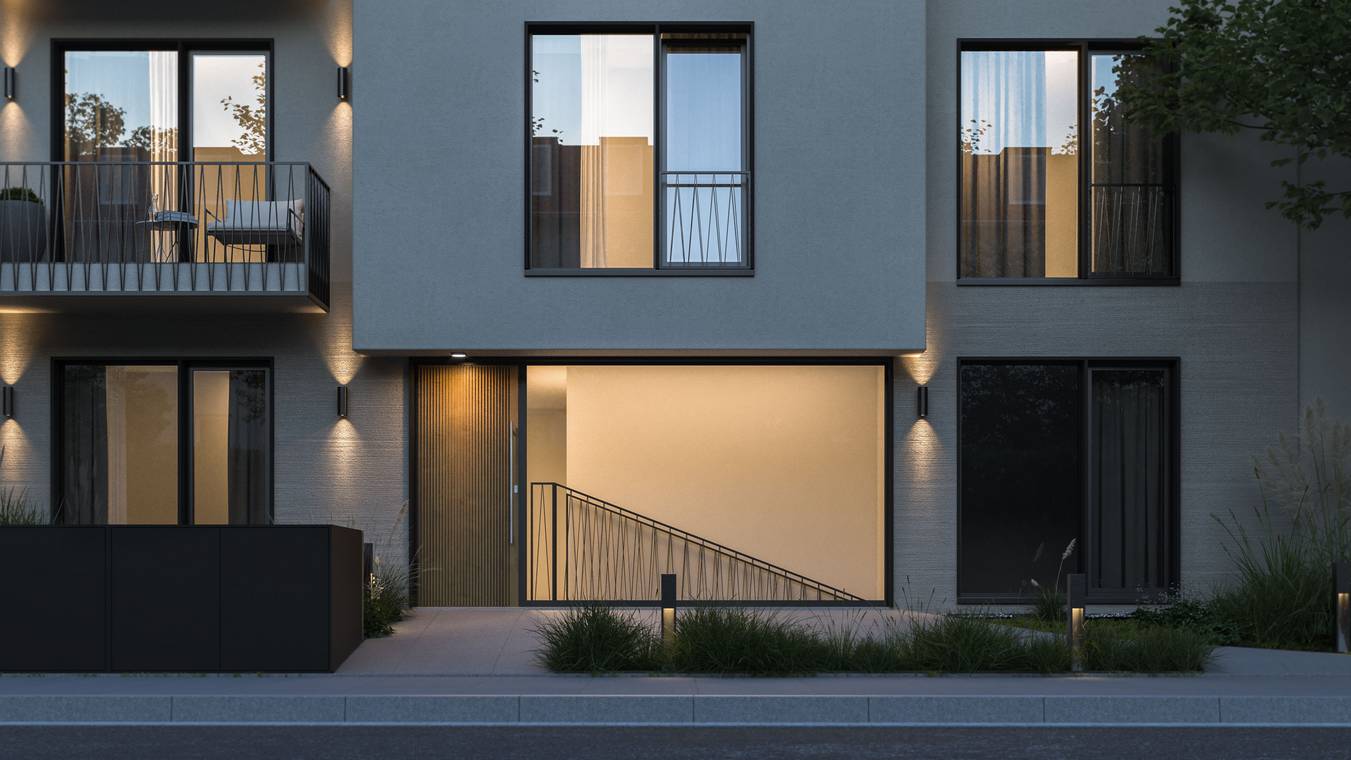 3D architekturvisualisierung von gmsvision des modernen Eingangsbereichs eines Mehrfamilienhauses mit Glasfront und stilvoller Beleuchtung.