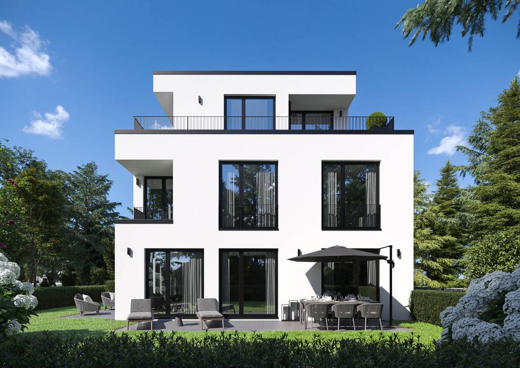 Helle architekturvisualisierung eines modernen Wohnhauses in München-Pasing bei Tag, mit klaren Linien, weißen Fassaden, schwarzen Fensterrahmen und einladender Gartenfläche.