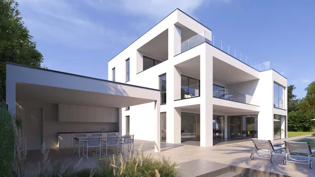 Architekturvisualisierung einer modernen Villa in Frankfurt mit klaren Linien, großen Glasfronten, Dachterrasse und Pool mit überdachter Außenterrasse.