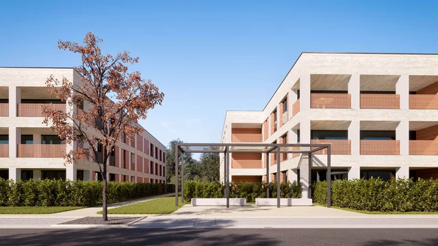 D Visualization of a modern apartment complex with light facade, clean architectural lines, and a symmetrical entrance framed by greenery and a tree.