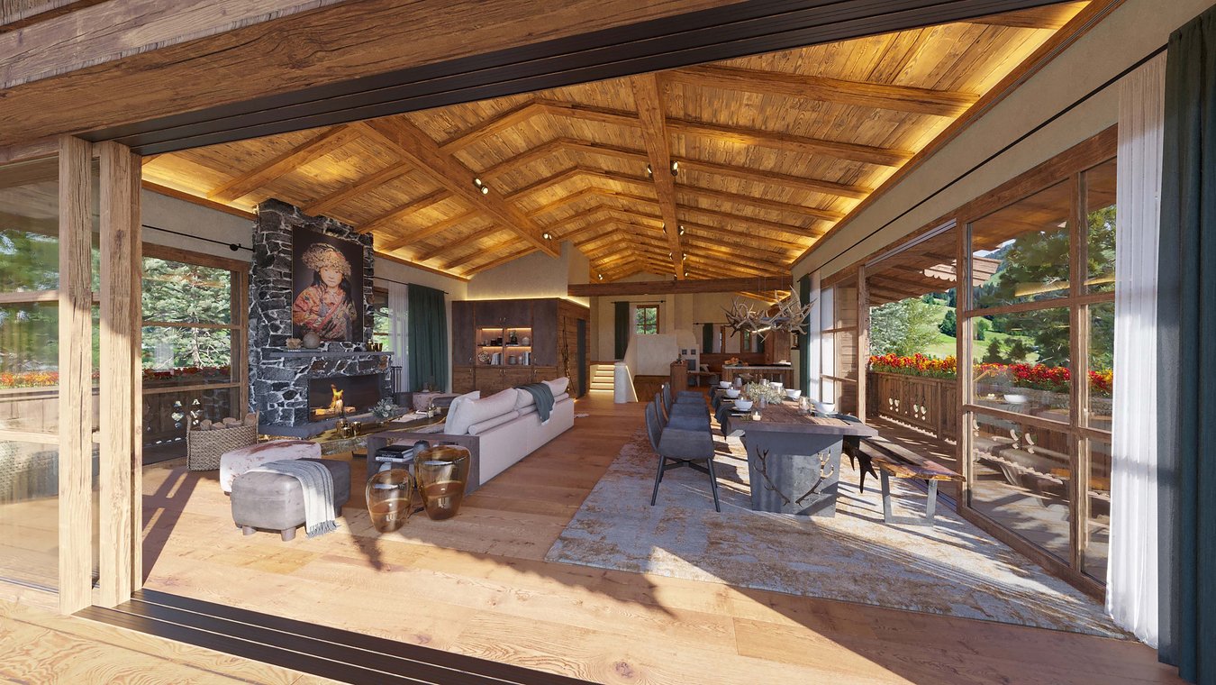 3D Visualization of an open-plan living and dining space in a Kitzbühel chalet, featuring rustic wooden ceilings, a long dining table, and a stone-clad fireplace – designed by gmsvision.