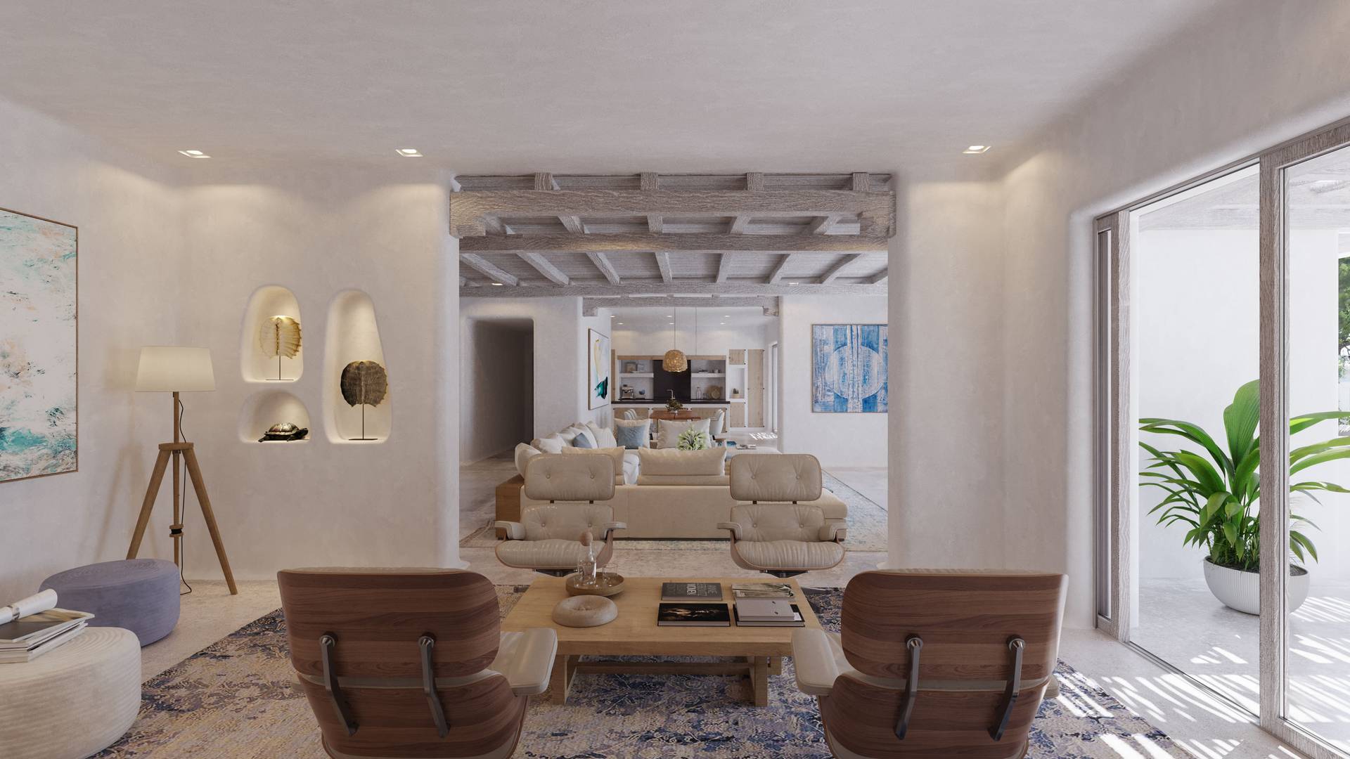 3D Visualisierung der Lounge mit Designer-Möbeln und mediterranem Interieur im Hippiements Village Ibiza