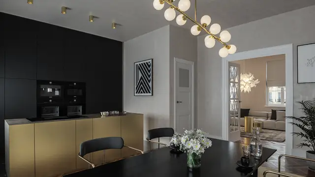 Architectural visualization of an elegant living room with luxury sofas, unique pendant lights, and a harmonious interior design in Hamburg.
