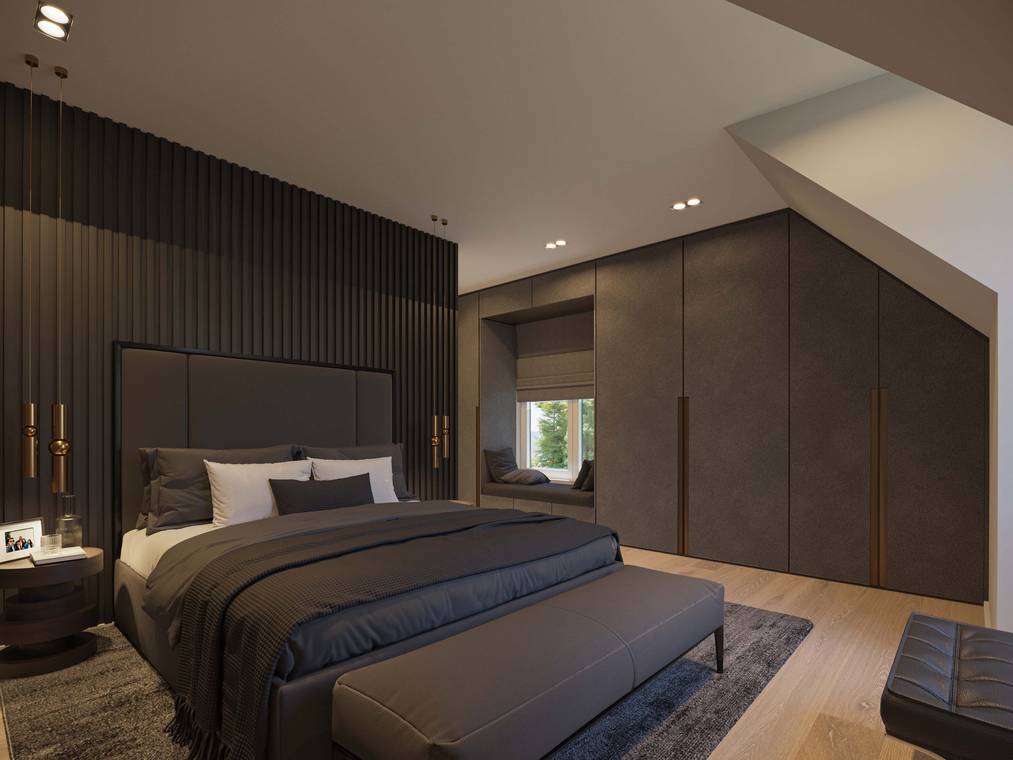 Schlafzimmer in dunklen Tönen mit großem Bett und Einbauschränken, detailgetreue 3d visualisierung von gmsvision