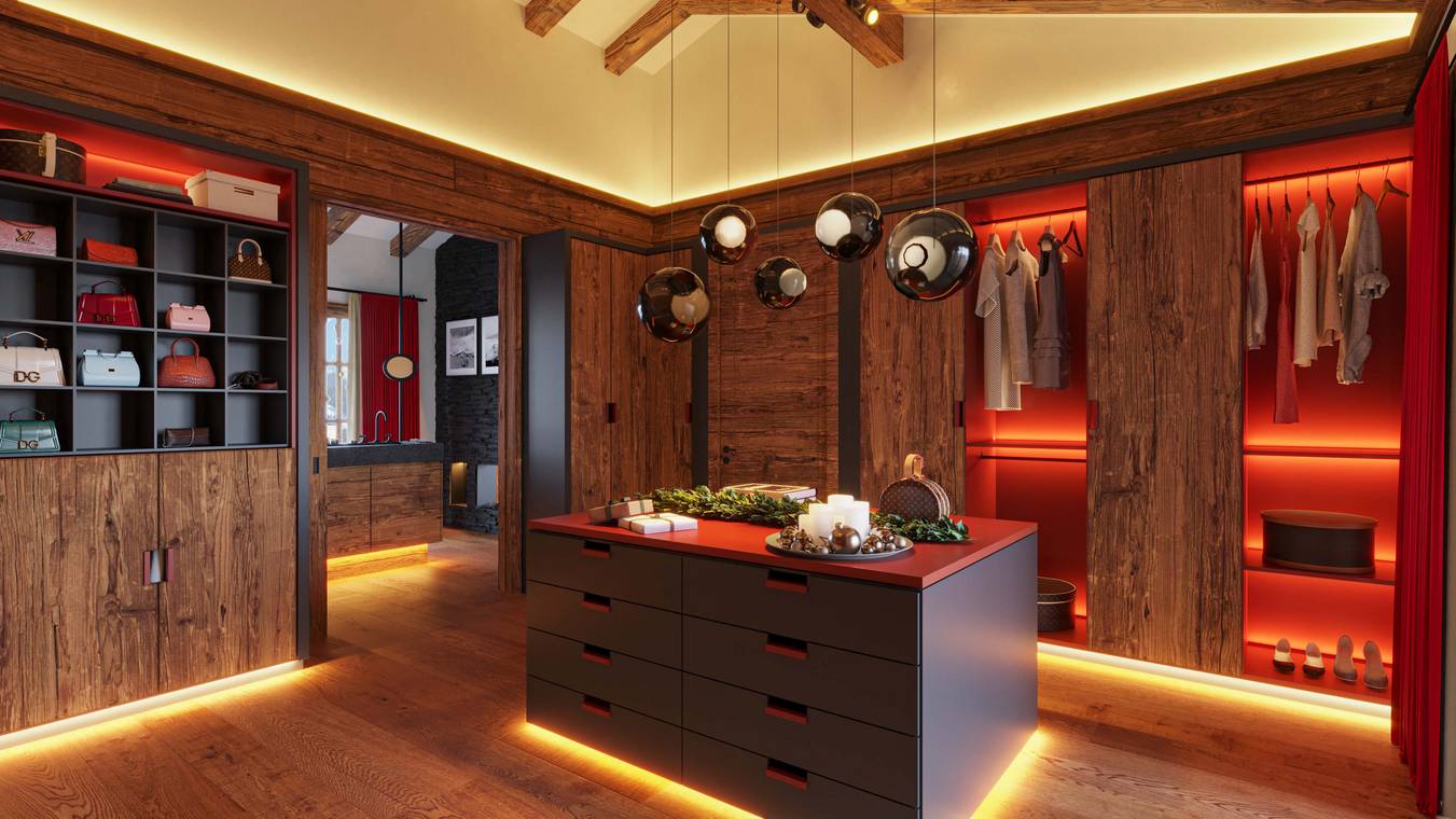 fotorealistisches 3D Rendering eines begehbaren Kleiderschranks im Luxus Chalet