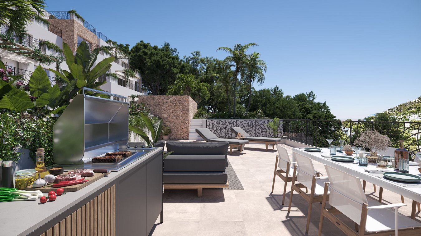 3D Visualization of the Blue Elements luxury outdoor terrace with barbecue area, dining table, and sun loungers surrounded by tropical greenery