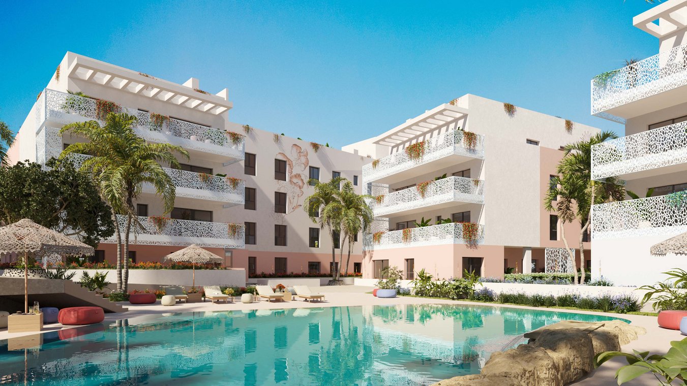 3D visualization of the modern CREO Ibiza residential complex with pool, white and pink building facades, intricate balcony railings, palm trees, and tropical landscaping
