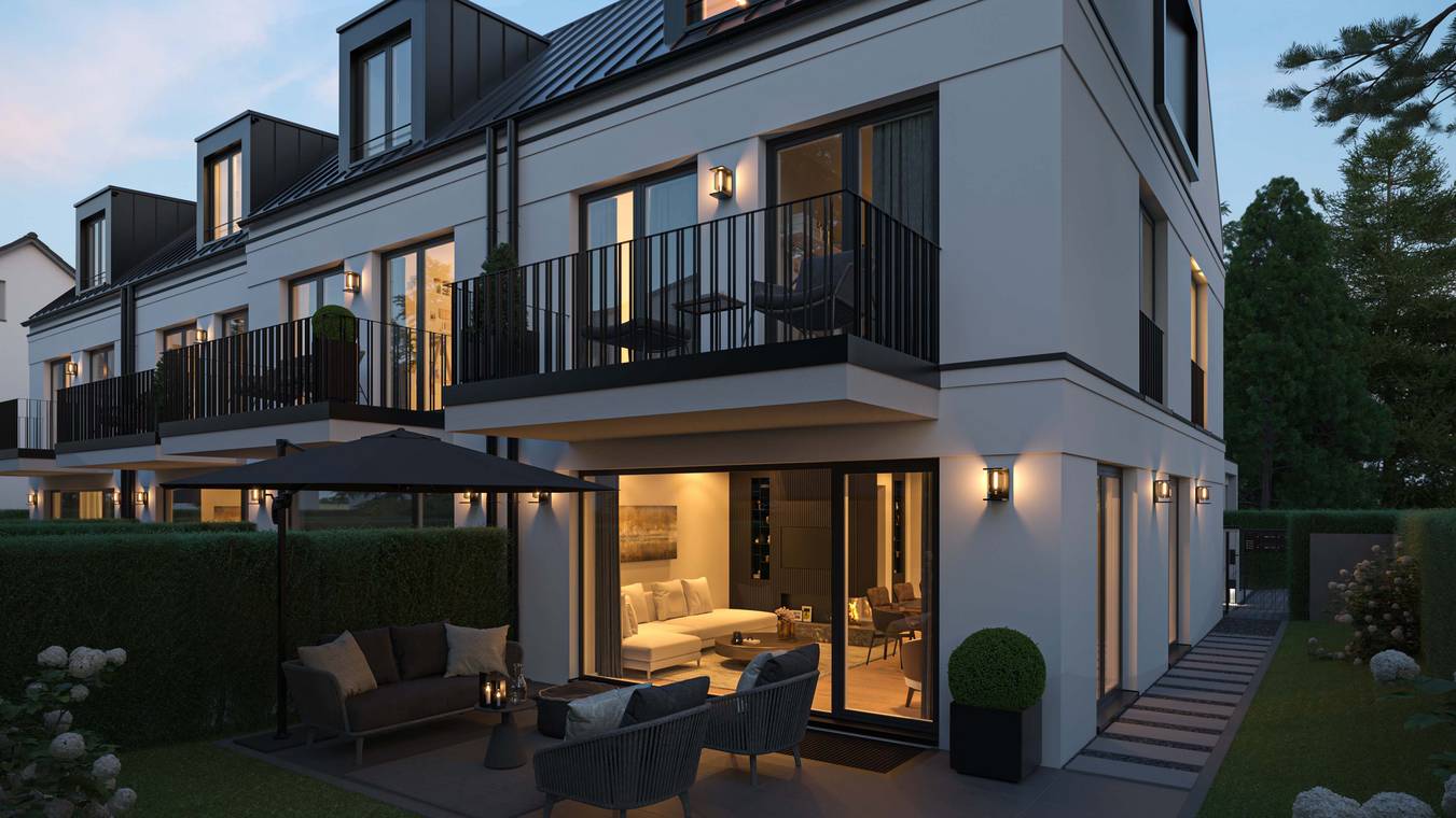 Townhouses at dusk with illuminated living area and garden furniture, atmospheric 3D Visualization by gmsvision