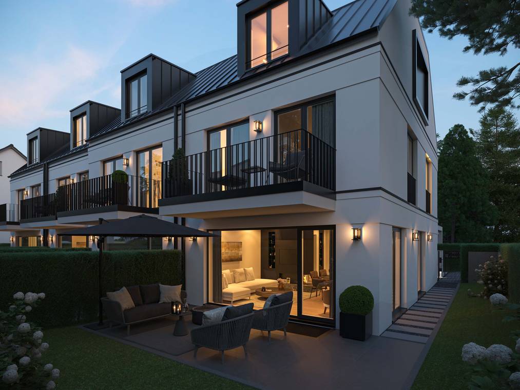 Reihenhäuser bei Abendlicht mit erleuchtetem Wohnbereich und Gartenmöbeln, stimmungsvolle 3d visualisierung von gmsvision