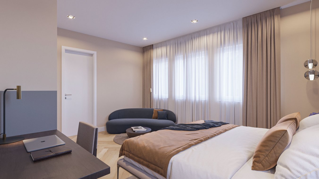 Architectural visualization of a hotel room with a comfortable workspace, modern desk with laptop, blue sofa corner, and abundant natural daylight from large windows.