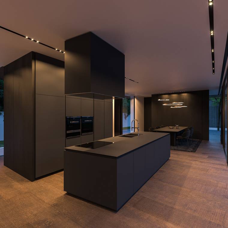 3D Innenraum Rendering einer modernen minimalistischen Küche mit dunklen Materialien