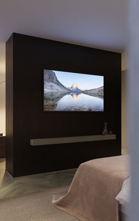 Architectural Visualization focusing on a hotel bed and a wall-mounted artwork, modern interior design with neutral tones.