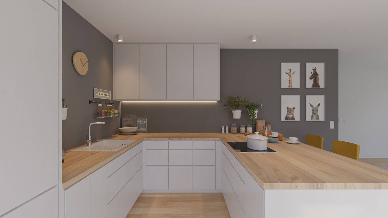 3D Rendering moderner Küche im Architekturprojekt Salinenstraße Wiesbaden