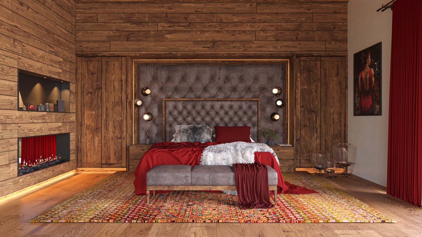 3D Visualization of a luxury bedroom with tufted headboard, fireplace, and rich red fabrics in a chalet in Kitzbühel.