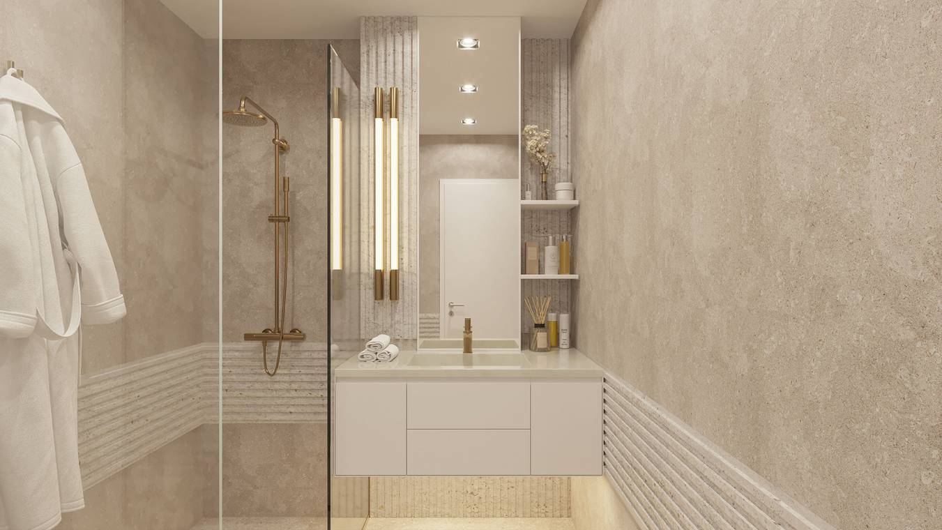 architekturvisualisierung eines luxuriösen Hotelbads mit moderner Dusche, goldenen Armaturen, großem Spiegel und elegant beleuchtetem Waschtisch.