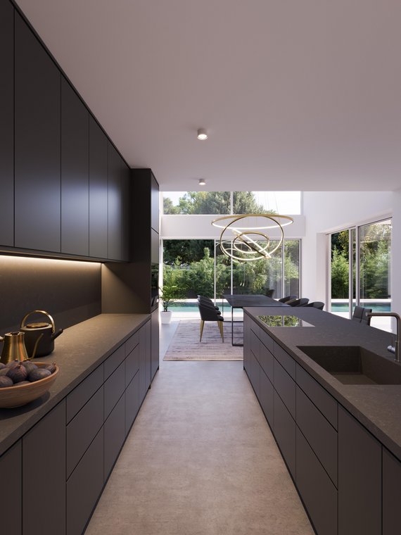 Architekturvisualisierung einer modernen Küche in Frankfurt mit schwarzen Einbauten, zentraler Kücheninsel und Ausblick in den Garten mit Pool.
