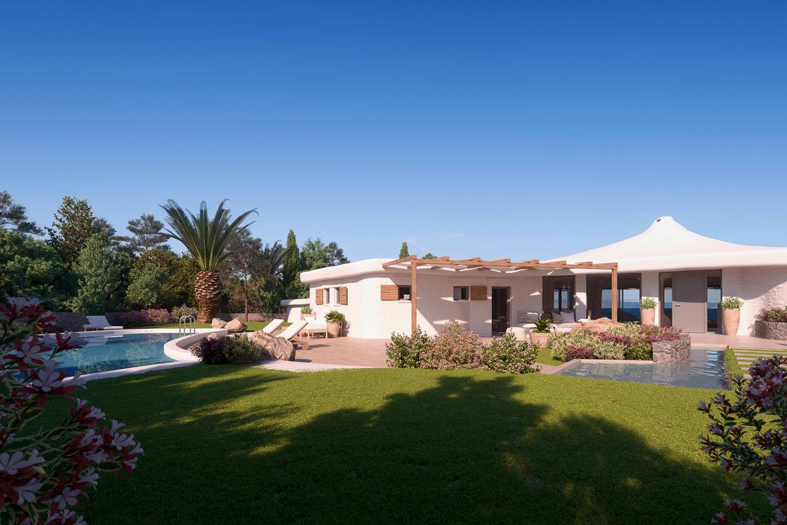 3d visualisierung einer Villa in Sardinien mit weitläufigem Garten, Palmen, Poolanlage und harmonischer mediterraner Architektur.