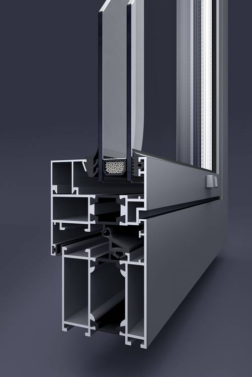 3D Visualisierung eines präzisen Querschnitts des Aluprof Aluminium-Fensterprofils mit Isolierung und Mehrkammerstruktur.