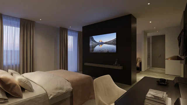 Architectural Visualization of a stylish hotel room at Parkhotel Beau Site Zermatt, featuring a cozy bed, soft curtains, and a modern desk.