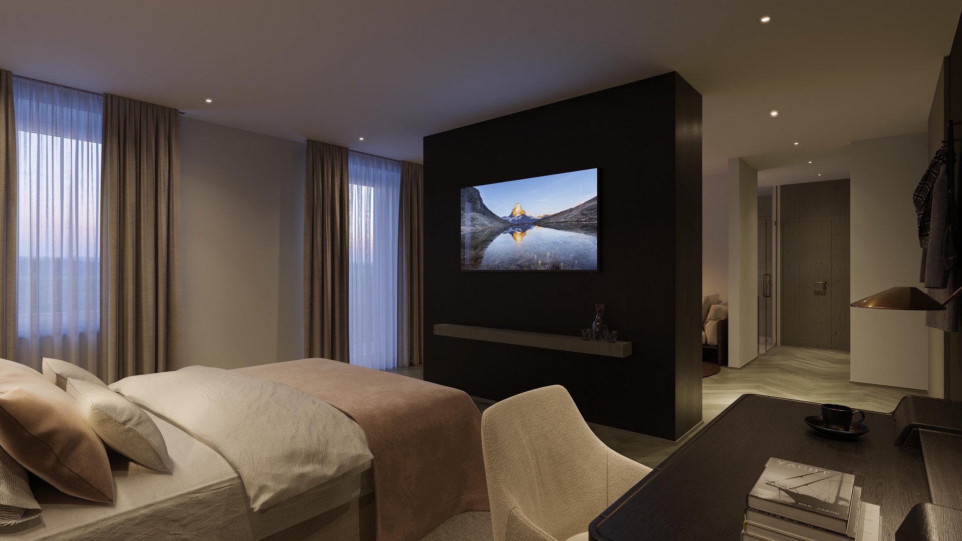 Architectural Visualization of a stylish hotel room at Parkhotel Beau Site Zermatt, featuring a cozy bed, soft curtains, and a modern desk.