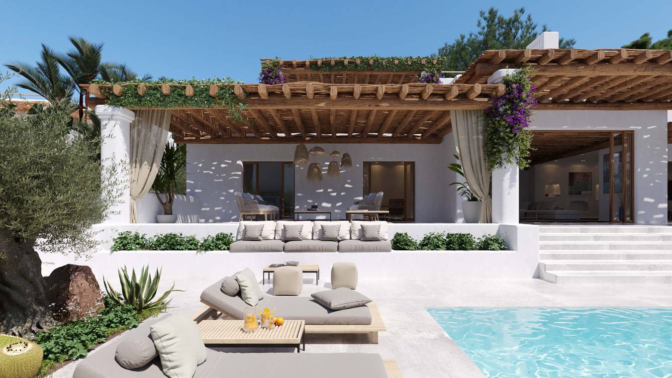 Mediterraner Outdoor Lounge Bereich unter einer Holzpergola in einer Luxusvilla auf Ibiza – 3D Architekturvisualisierung