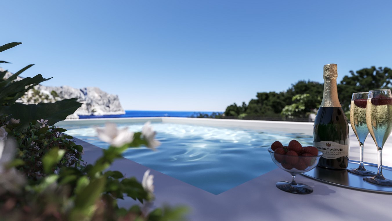 Atmospheric 3D Visualization of the Blue Elements project: Infinity pool with ocean view, fresh strawberries, and champagne glasses for luxurious relaxation.