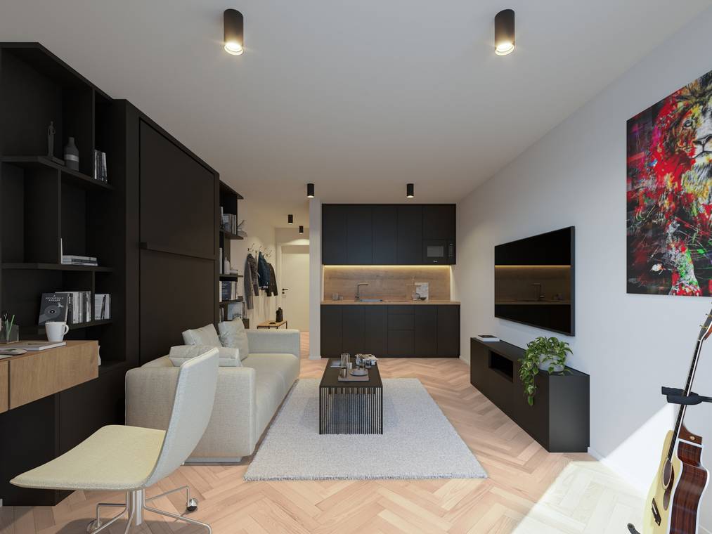 Innenvisualisierung Leonsheart Augsburg – offenes Apartment mit moderner Küche, Wohnzimmer und Arbeitsbereich