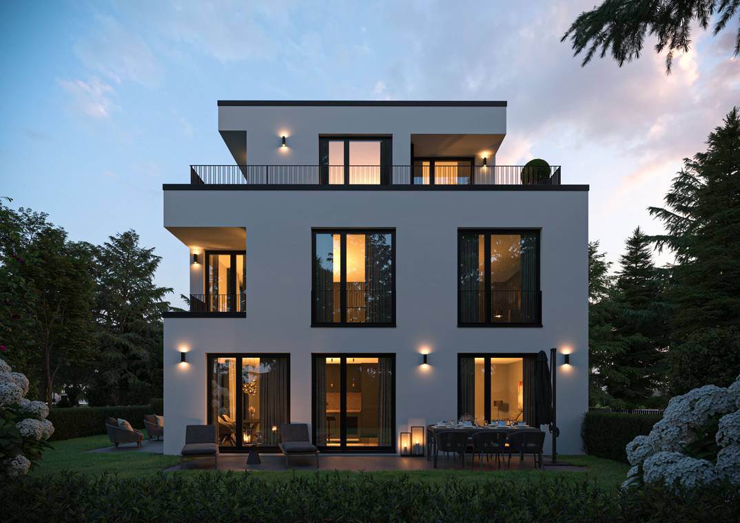 Abendliche architekturvisualisierung eines modernen dreistöckigen Wohnhauses in München-Pasing, mit großen Glasfronten, warm beleuchtetem Innenraum und stilvoller Terrasse im gepflegten Garten.