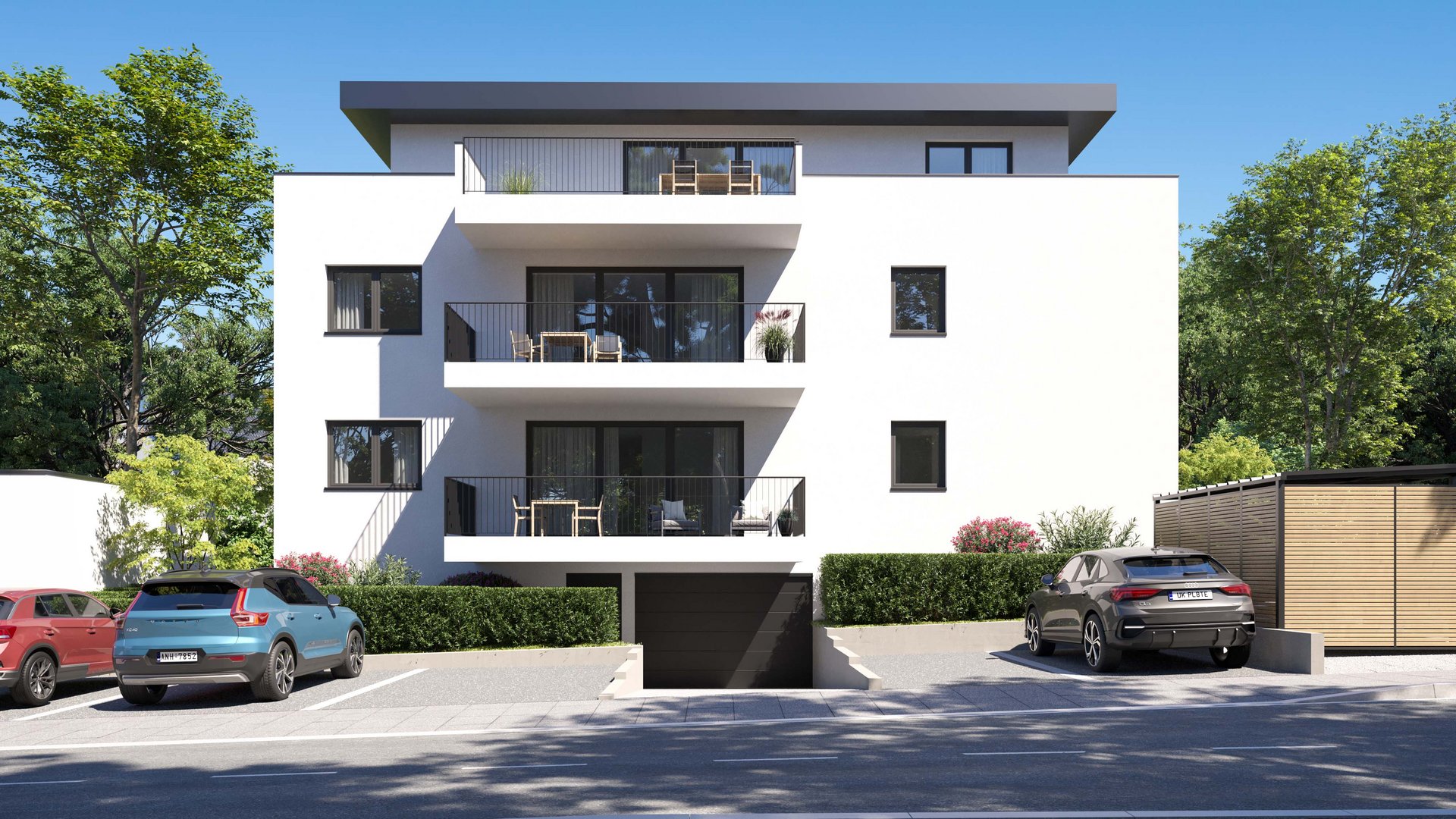 New-build apartment house with balconies, parked cars, and garage entrance, photorealistic 3D Visualization by gmsvision