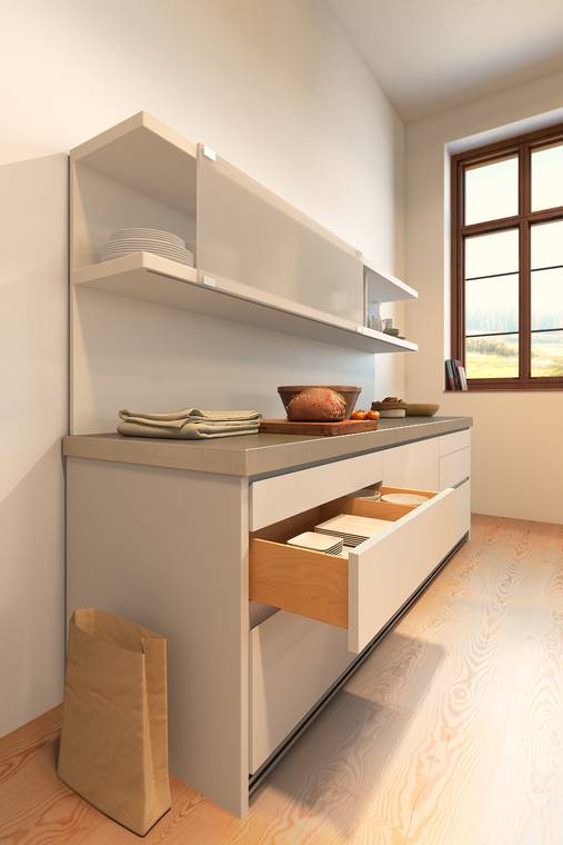 Produktvisualisierung Küchenschrank mit geöffnetem Auszugssystem Bulthaup