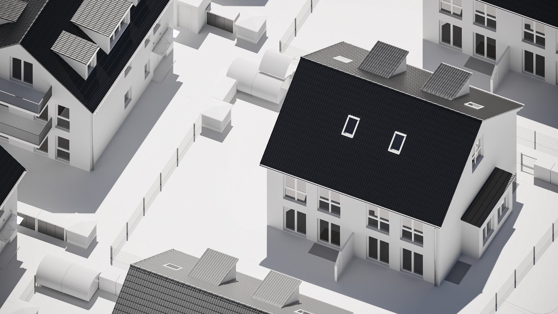 3D visualization of a residential building with a dark gabled roof, created to illustrate the accurate transformation of a 2D design into 3D geometry. The model shows several houses with realistic structure and lighting.
