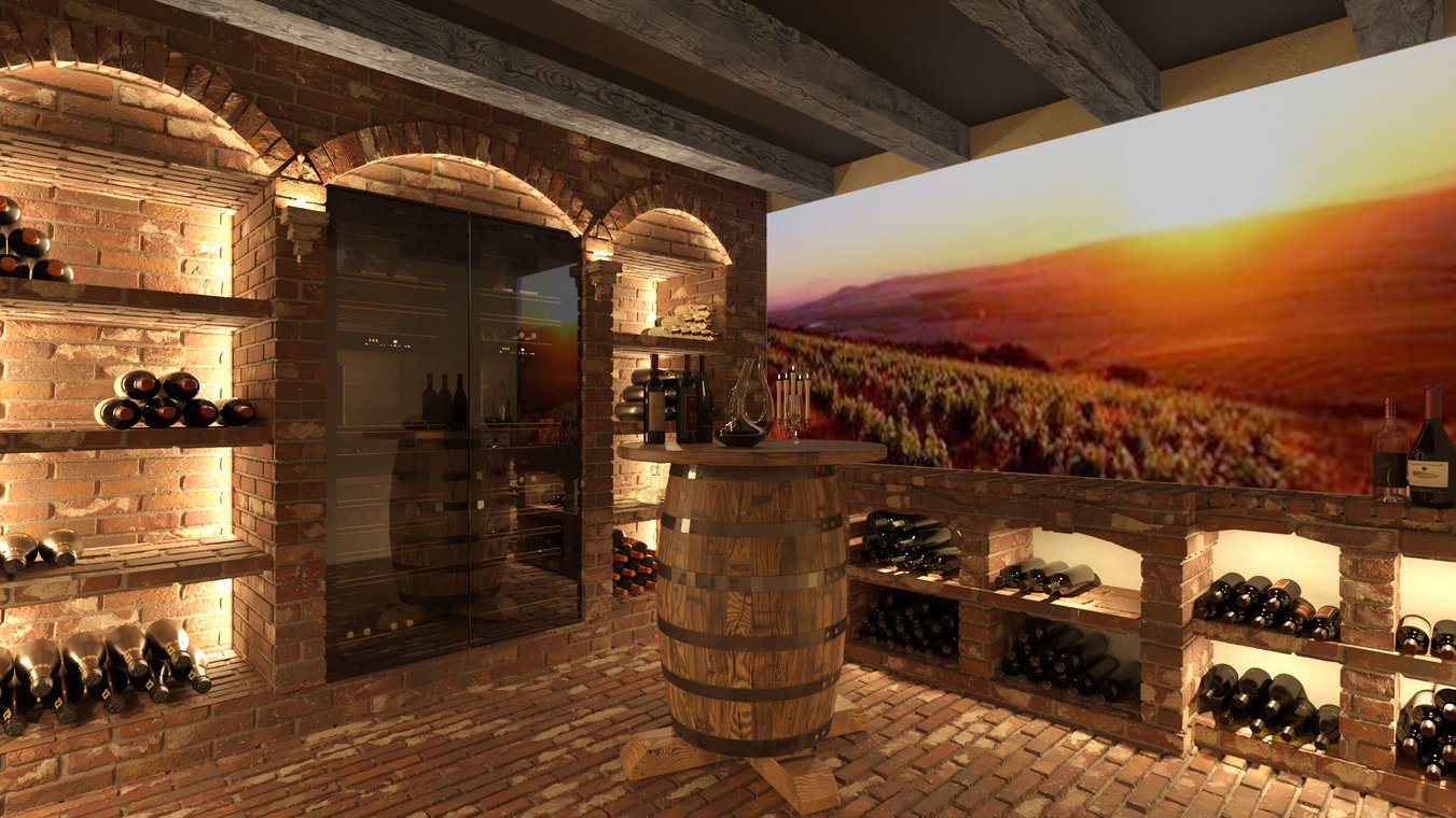 Atmospheric 3D Visualization of a wine cellar with brick walls, rustic shelves, warm lighting, and a wine barrel table centerpiece.
