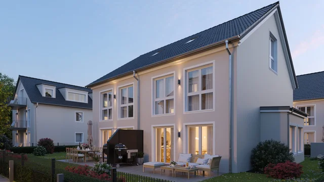 3D architectural visualization of a modern semi-detached house at sunset, featuring a warmly lit terrace with outdoor furniture and barbecue, created by gmsvision.