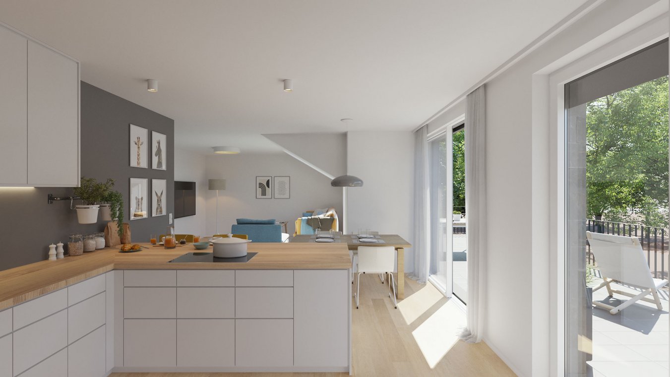 Open kitchen with dining area and access to the balcony, 3D visualization.