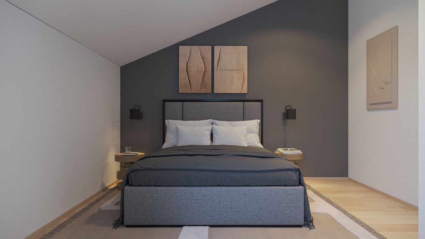 3D architectural visualization of a minimalist bedroom with dark accent wall, wooden flooring, and modern bedside tables, by gmsvision.