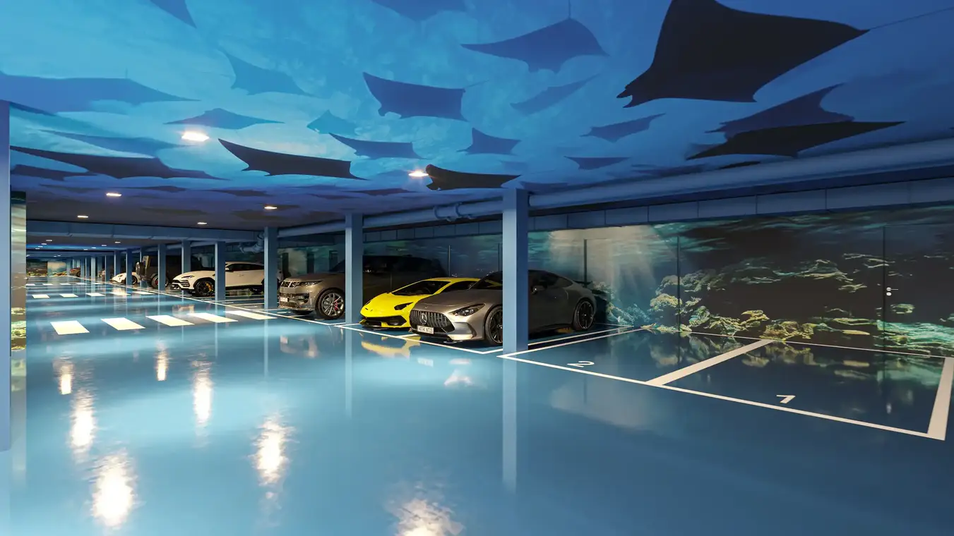 3D Visualisierung Tiefgarage im Unterwasser-Design – ATLANTIS Ibiza