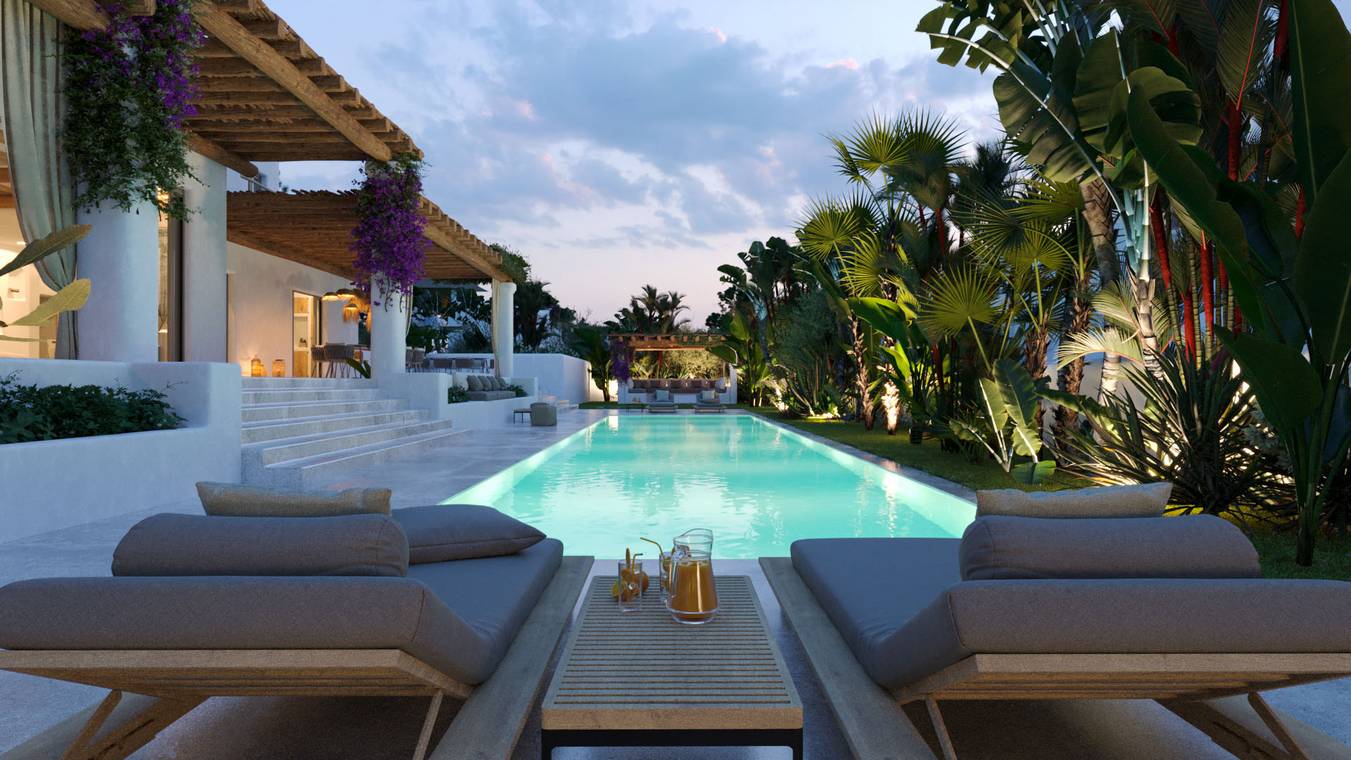 Terrassenbereich einer modernen Ibiza Villa mit Holzpergola und Loungemöbeln – 3D Architekturvisualisierung