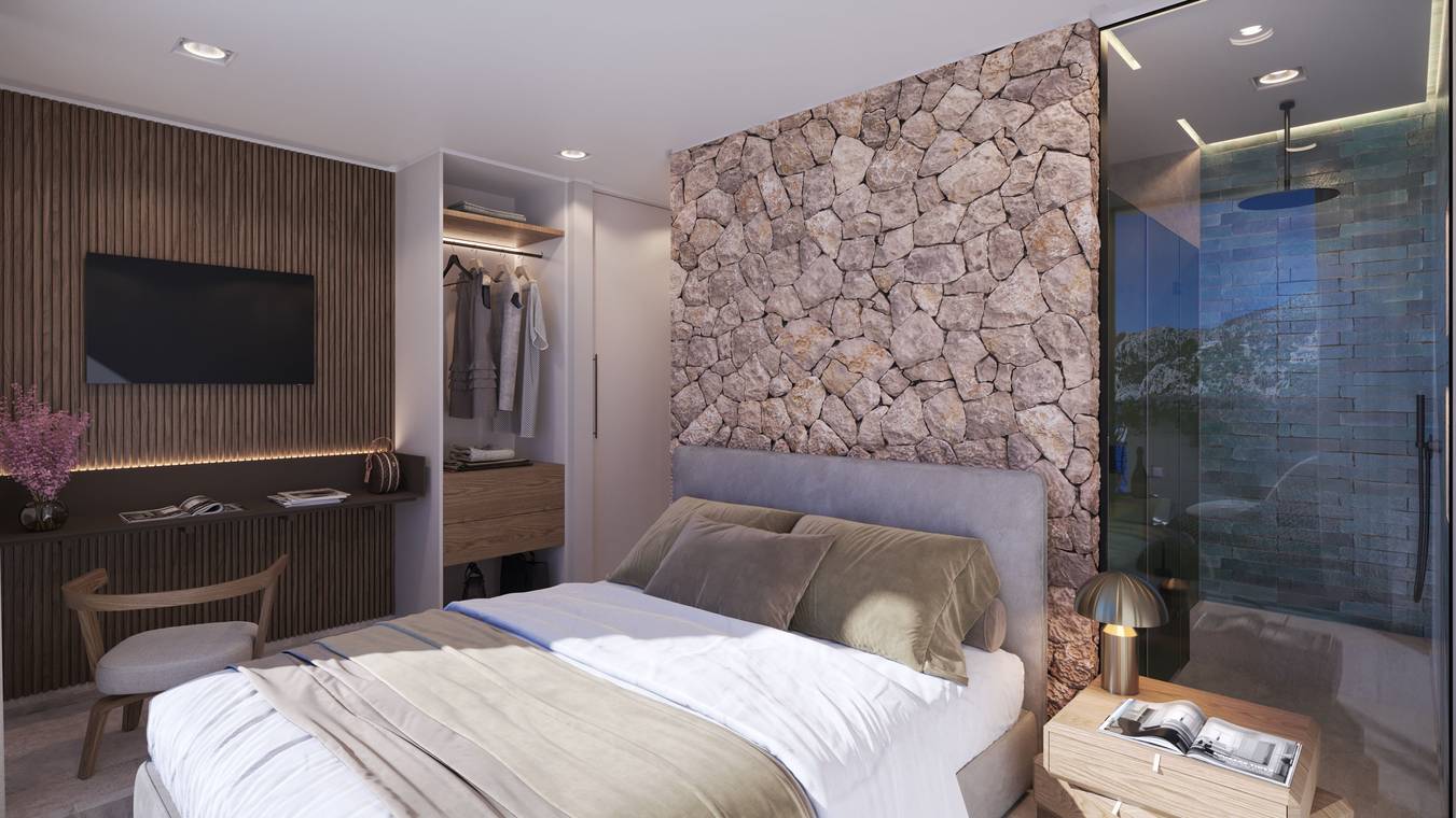 Luxuriöses Schlafzimmer mit Natursteinwand und integriertem Badezimmer – Interior Visualisierung Mallorca